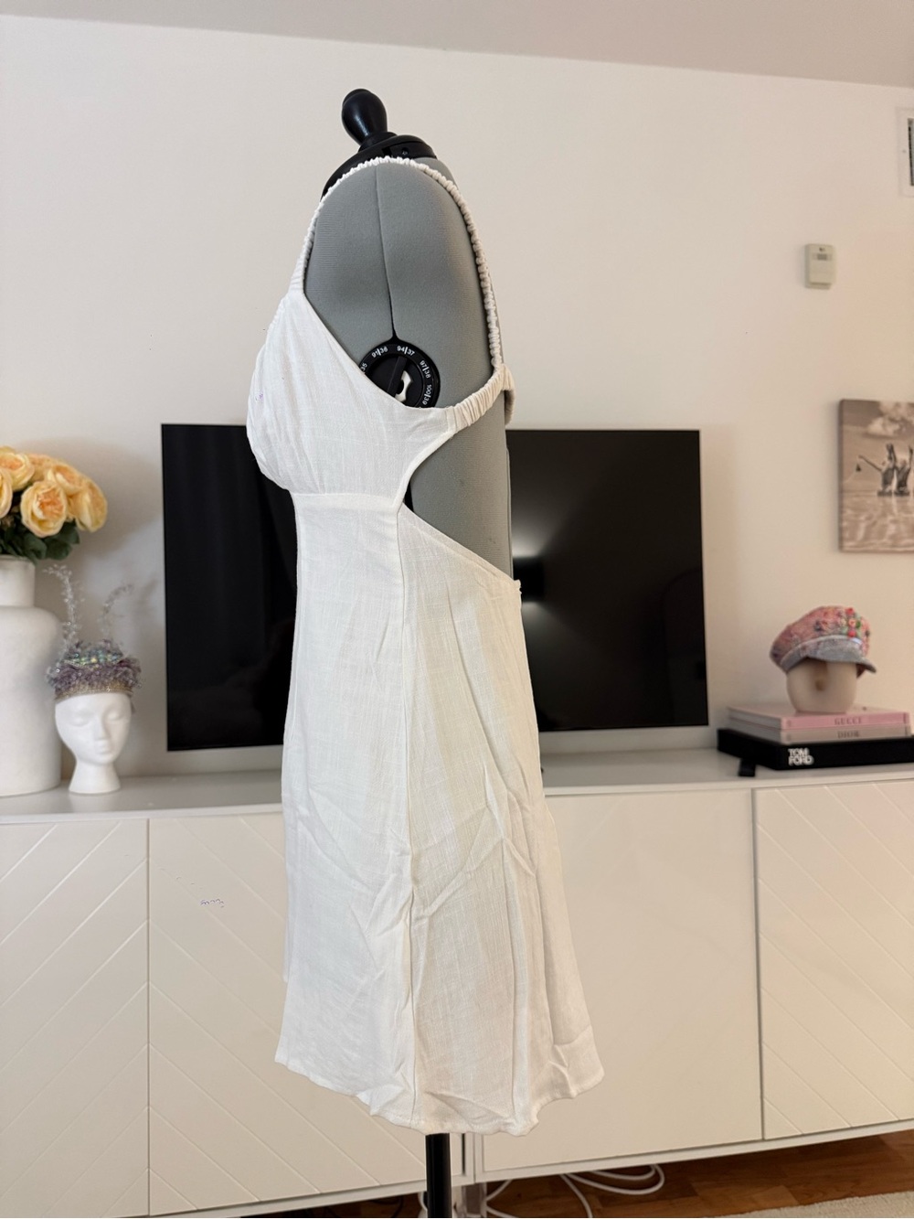 Sky to Moon White Linen Blend Open Back Mini Dress M - Picture 5 of 13